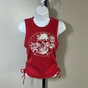 No‎ Boundaries Red Ribbed Skull Roses Graphic Tank Top Ruched Side Ties Medium